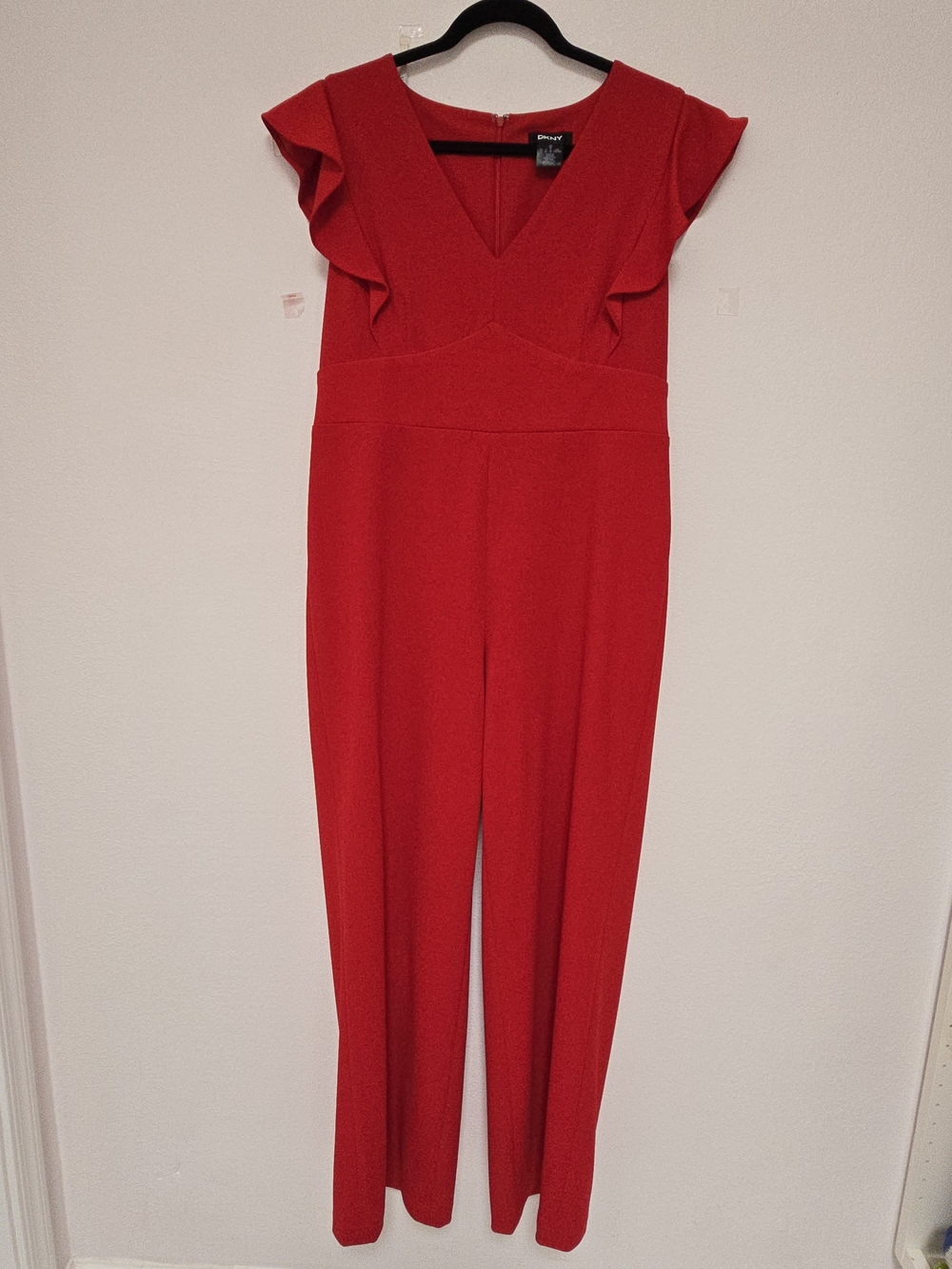 DKNY Bright Red V-Neck Ruffle Sleeve Jumpsuit